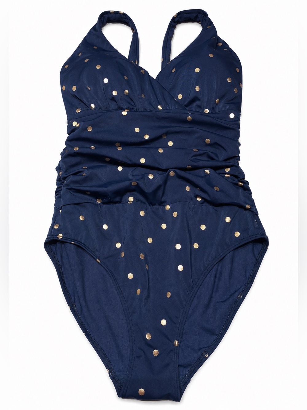 Boden Navy Gold Polka Dot Ruched One-Piece Swimsuit Tummy Control US 10R UK 14R